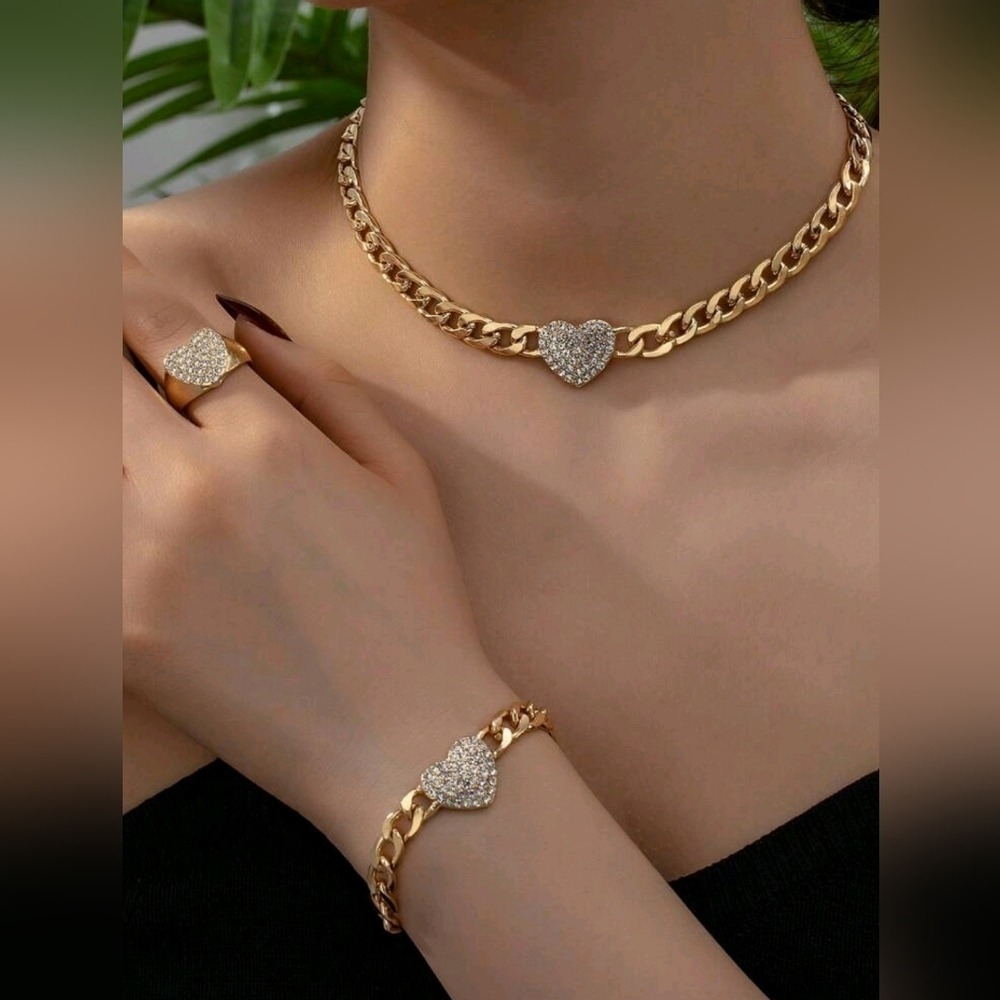 Luxury gold inspired Heart Jewelry Set with‎ Rhinestones for womens